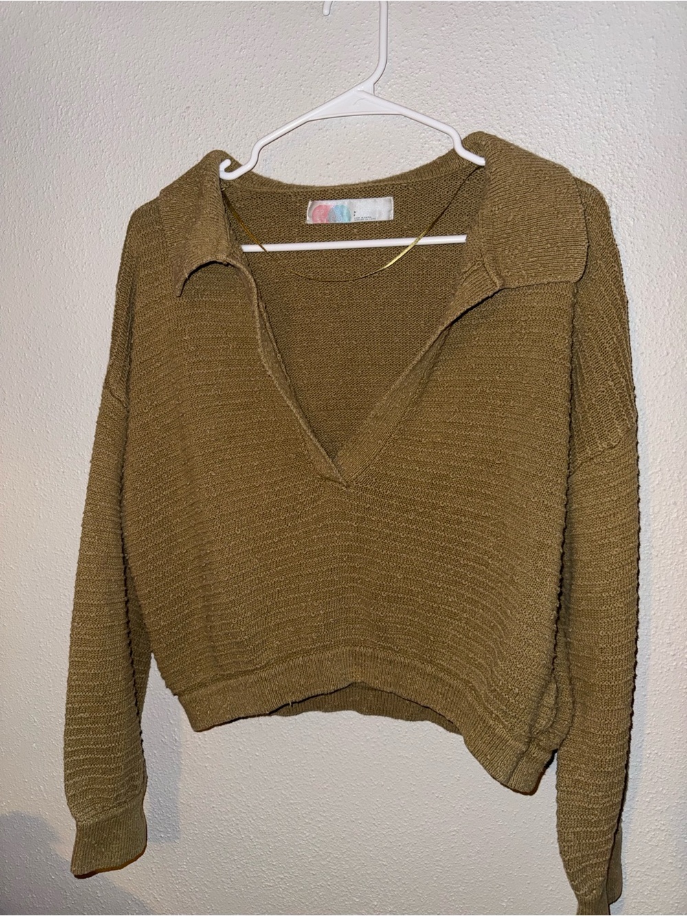Free People Olive Cropped V-Neck Collared Sweater
